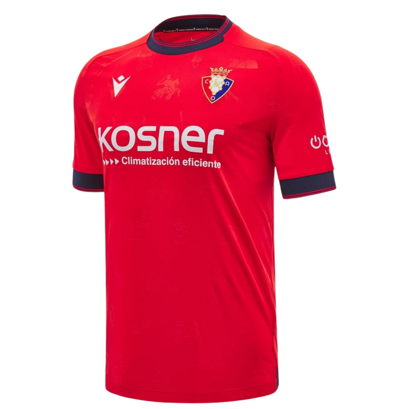 CA Osasuna 2024/2025 - Camiseta titular CA Osasuna - Macron CA Osasuna - LaLiga - Diseño clásico - Detalles modernos - Rojo - Verde - Blanco - Gola redonda - Escudo del CA Osasuna - Logo de Macron - Identidad del club - Historia del club - Tecnologías innovadoras - Confort - Rendimiento.