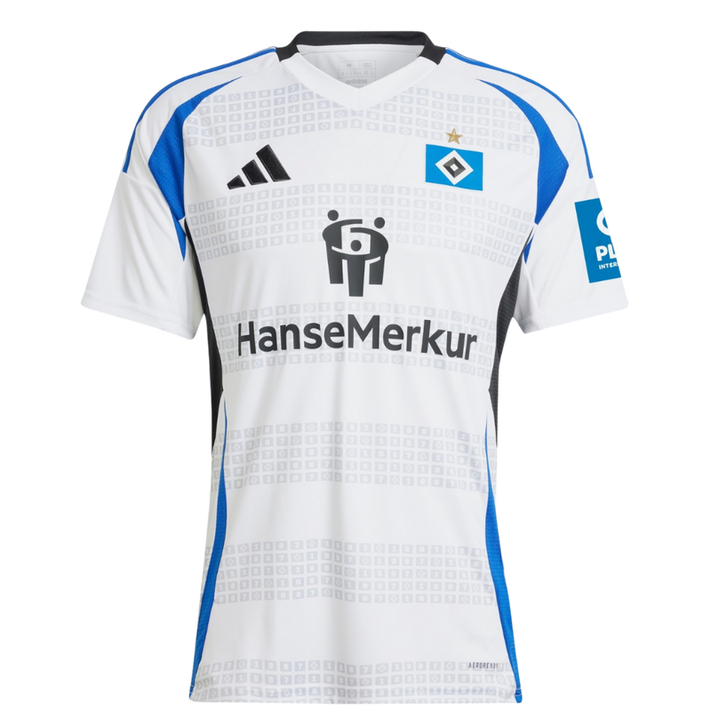 Hamburgo SV 20242025 - Camiseta Hamburgo - Uniforme titular Hamburgo - Adidas Hamburgo - 2. Bundesliga - Diseño clásico - Diseño moderno - Blanco - Rojo - Azul - Gola redonda - Escudo del Hamburgo SV - Logo de Adidas - Identidad del club - Historia del club - Tecnologías innovadoras - Confort - Rendimiento.