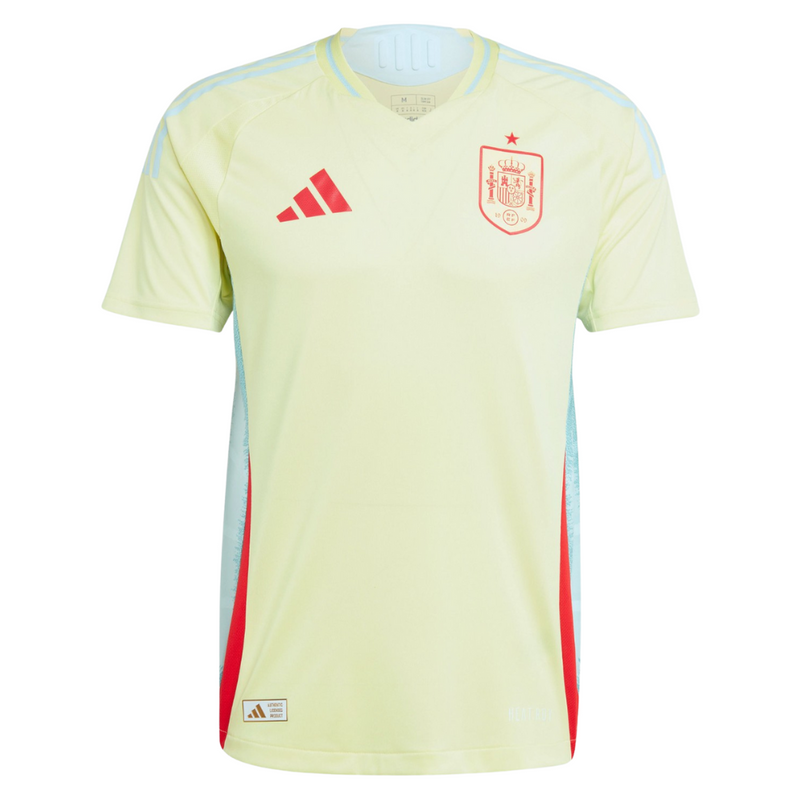 La - camiseta - Adidas - España - 2024 - visitante - presenta - colores - frescos - y - marcantes - amarillo - neón - pálido - inspirado - en - dunas - de - arena - diseño - moderno - emblema - rojo - vibrante - equipación - oficial - combinada - detalles - distintivos - fútbol - España - away - kit - pulse - yellow - temporada - internacional - logotipo - Adidas