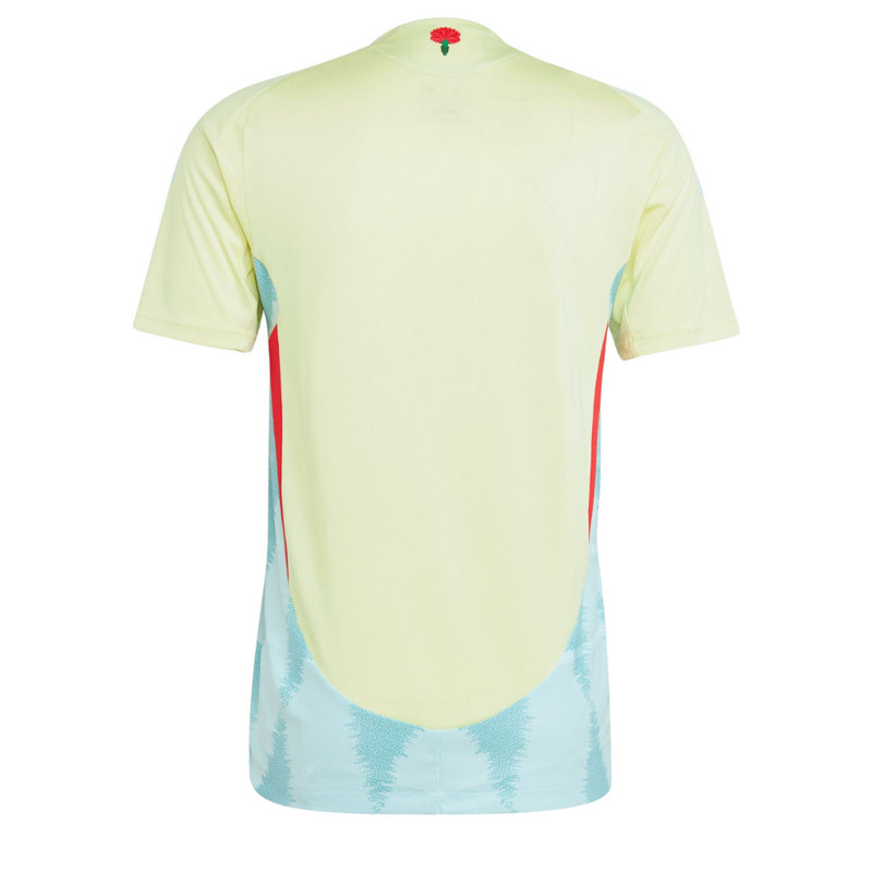 La - camiseta - Adidas - España - 2024 - visitante - presenta - colores - frescos - y - marcantes - amarillo - neón - pálido - inspirado - en - dunas - de - arena - diseño - moderno - emblema - rojo - vibrante - equipación - oficial - combinada - detalles - distintivos - fútbol - España - away - kit - pulse - yellow - temporada - internacional - logotipo - Adidas
