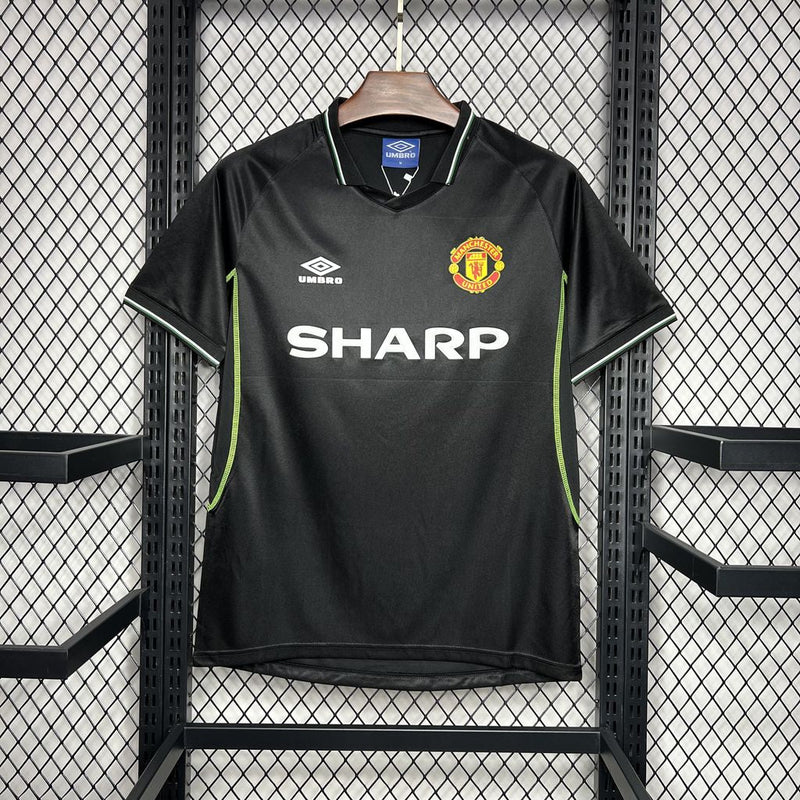 Manchester United-Camiseta-Tercera-98-99-Hombre-Retro-Clásica-Vintage-Colección-Fútbol-Rojo-Blanco-Negro 